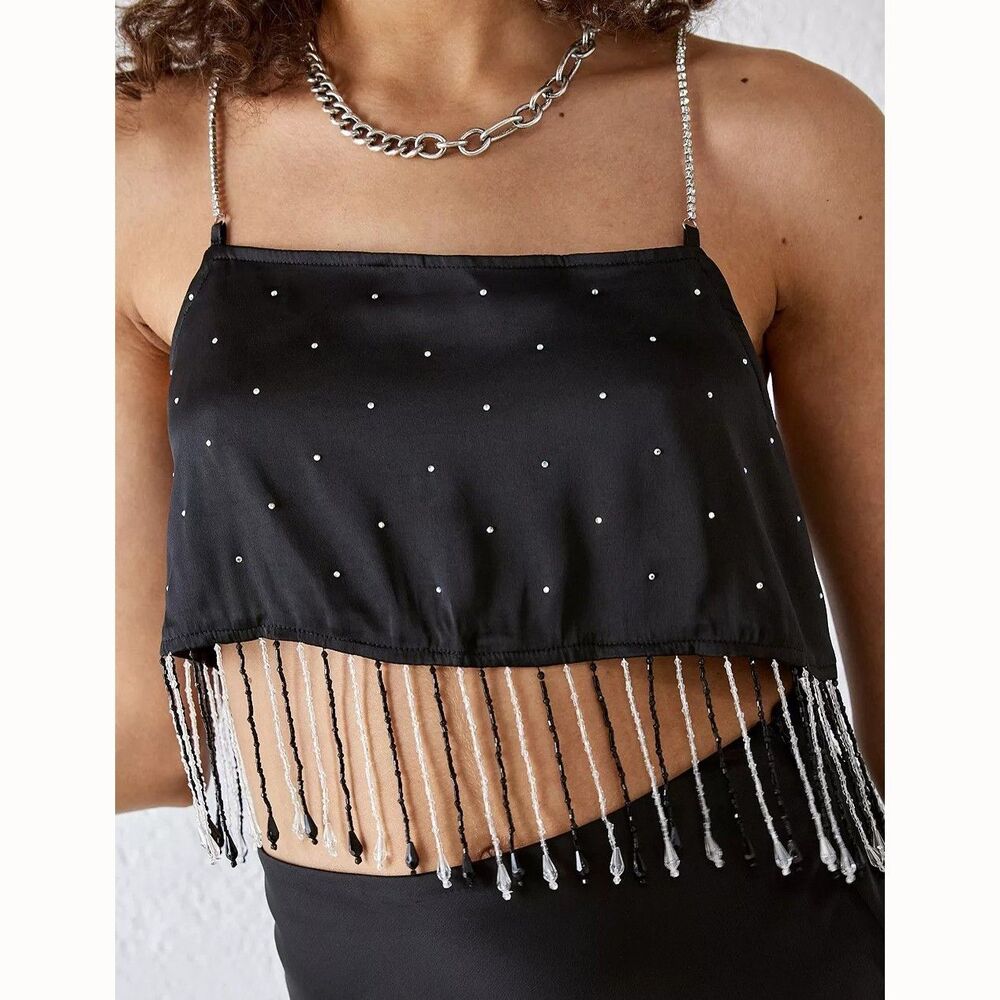Urban Outfitters UO Milina Beaded Embellished Cami Top Cropped Black S 291372